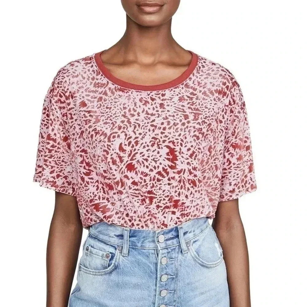 We The Free People Teddy Velvet Burnout Short Sleeve Tee Red oversized Small